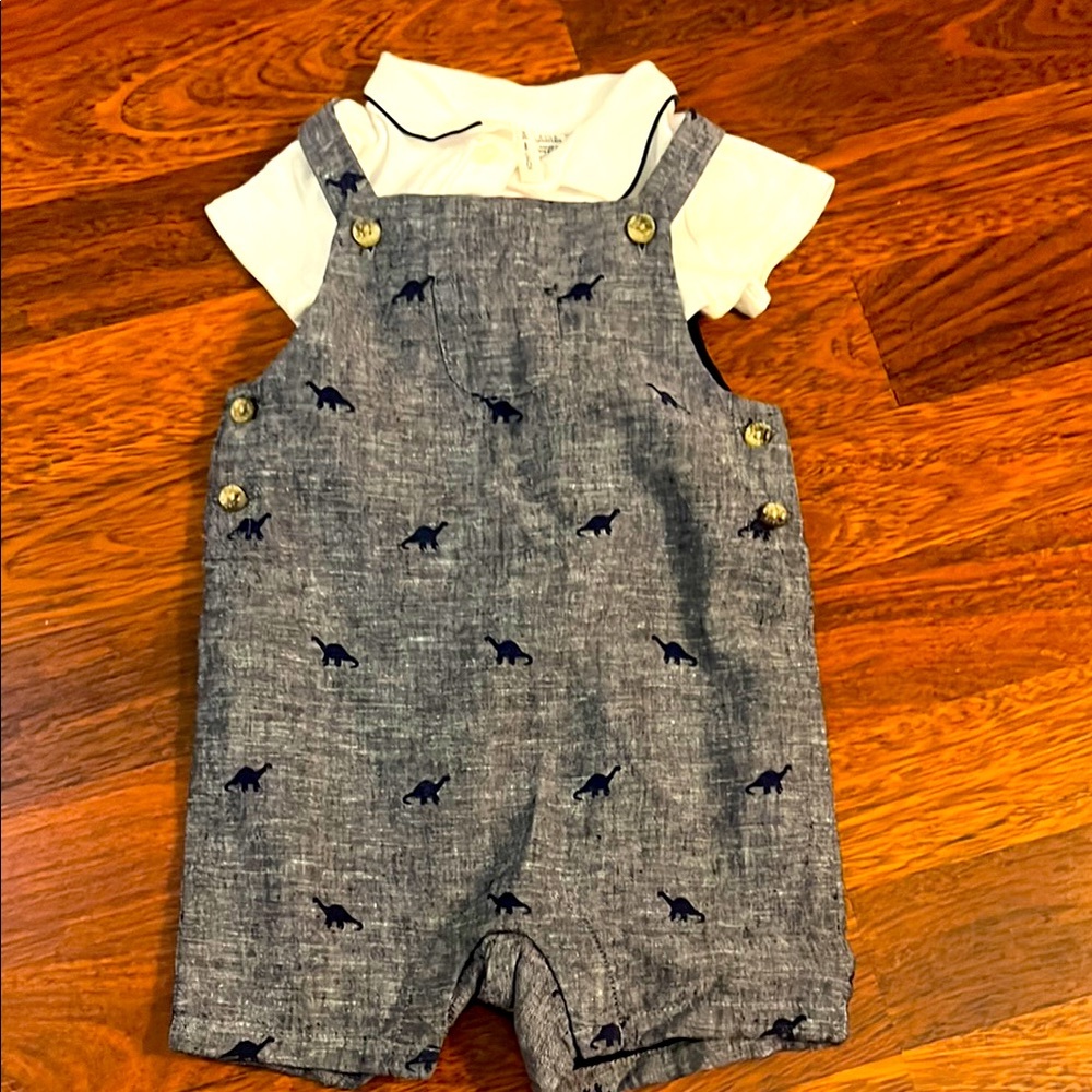 Janie and jack Baby Embroidered Dinosaur Overall & collared onesie set 3-6 month
